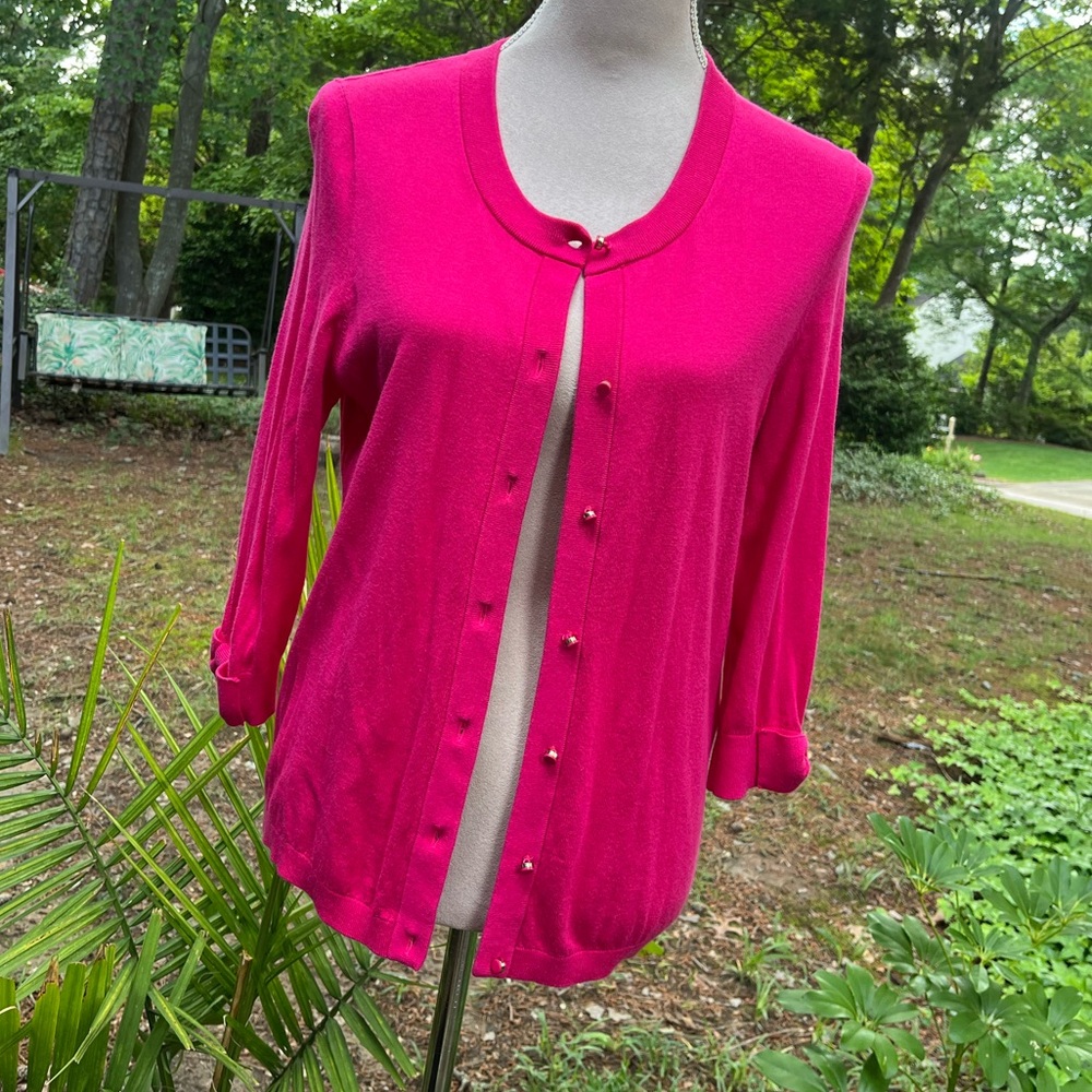Kate Spade ♠️ Luxury Button Up Cardigan, Bow Detail, Magenta, Large, GUC